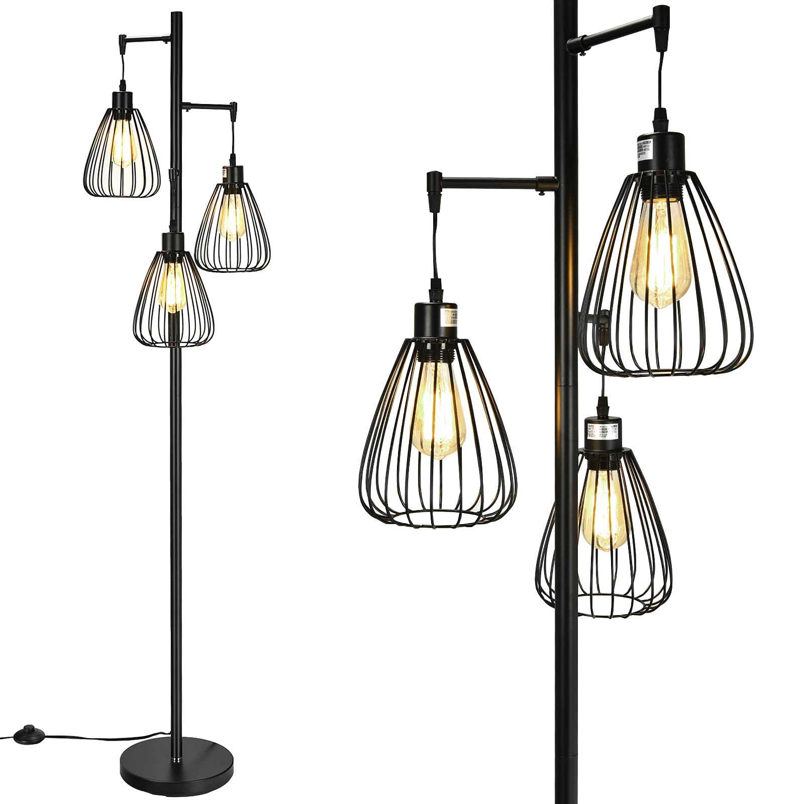 Tangkula Industrial Floor Lamp with 3 Hanging Lampshades